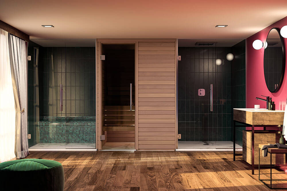 Baño de casa con sauna modelo Cala con puesta acristalada